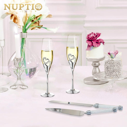 Silver Creative Heart Set with Diamonds Champagne Flutes - Wedding Glasses for Bride & Groom